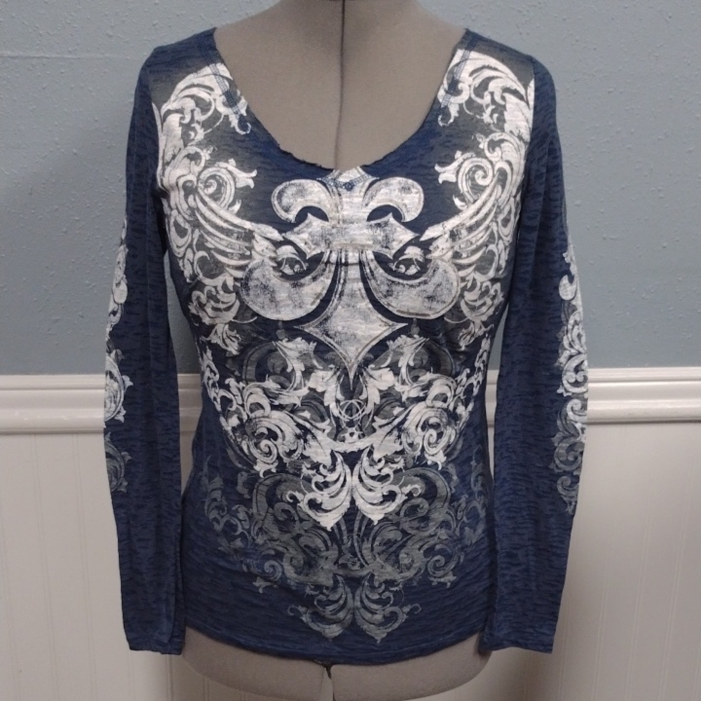 Blue and White Y2K Graphic Blouse with Ornate Design
